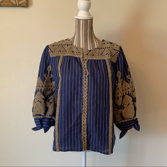 Sundance Inspired Artist Blue Striped Top Linen Women’s S - Picture 5 of 11